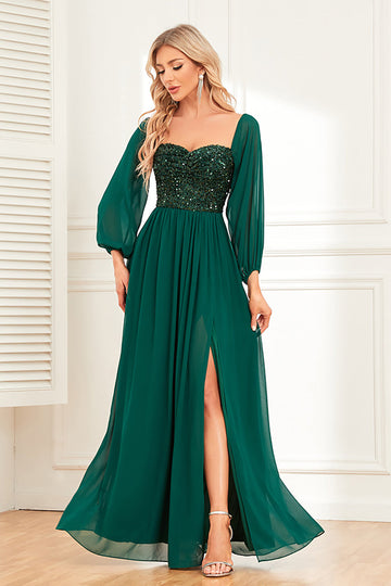 Vestido formal de pino de manga larga brillante con lentejuelas
